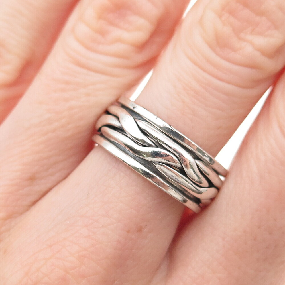 925 Sterling Silver Vintage Woven Oxidized Rotating Band Ring Size 7.5